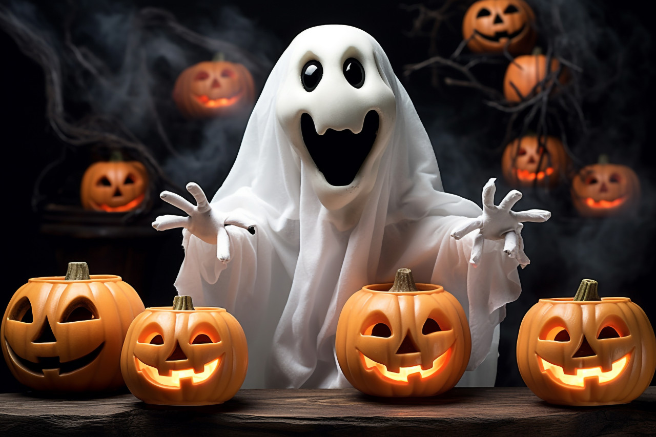 A photo of a white ghost with a pumpkin candy jar trick or treating in front of curved pumpkins, halloween celebration photo