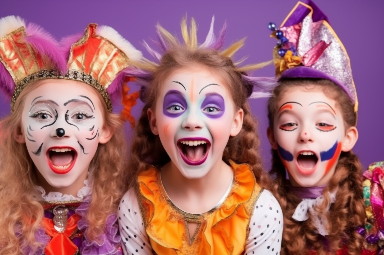 A photo of happy children in carnival costumes and makeup making a scary face on a bright purple background, halloween celebration photo