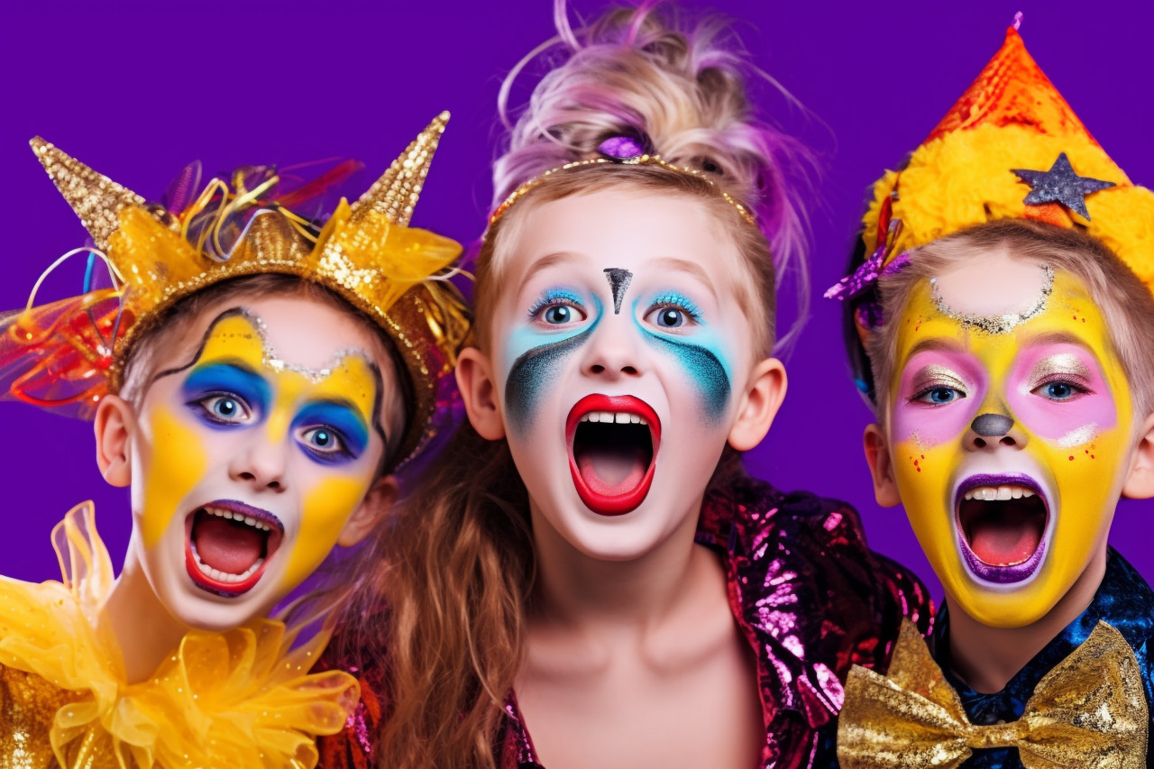 A photo of happy children in carnival costumes and makeup making a scary face on a bright purple background, halloween celebration photo