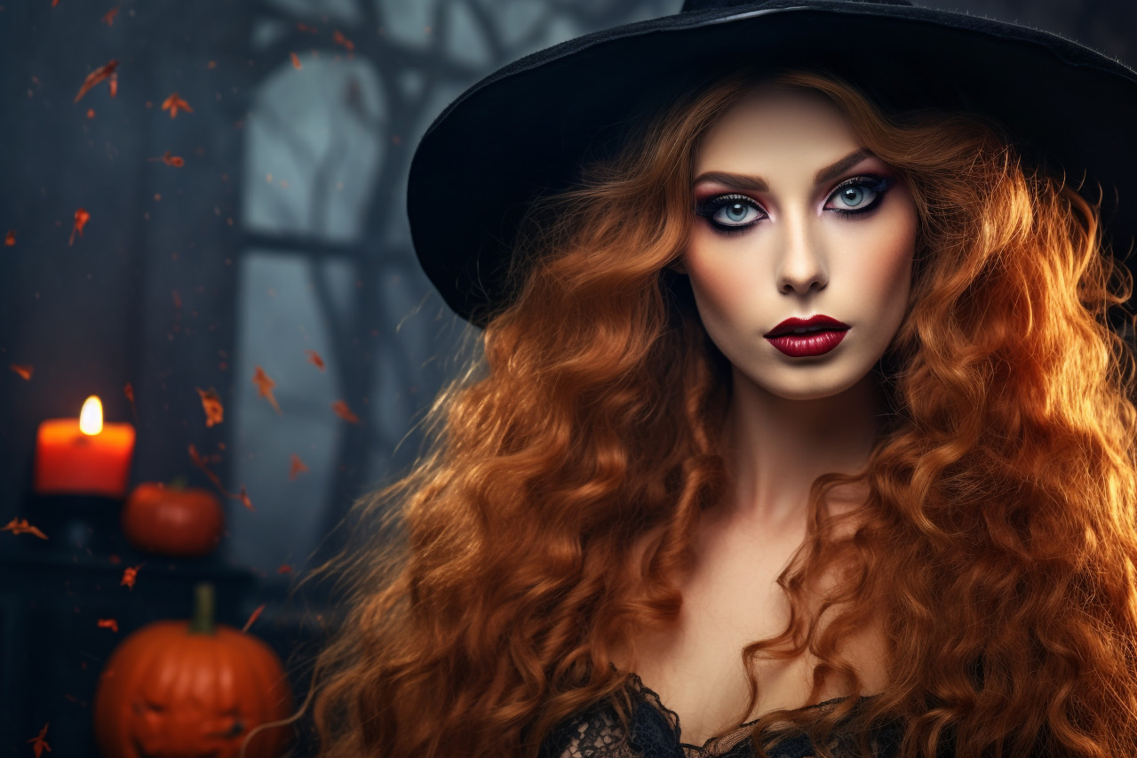 A photo of a beautiful young woman in a sexy witch costume for halloween, halloween celebration pictures