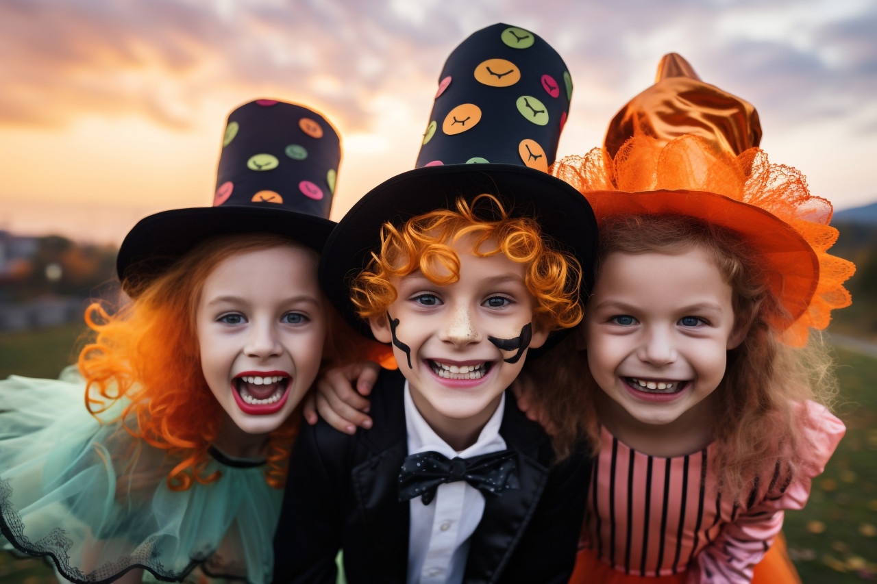 A photo of a happy brother and two sisters on halloween, halloween celebration pictures