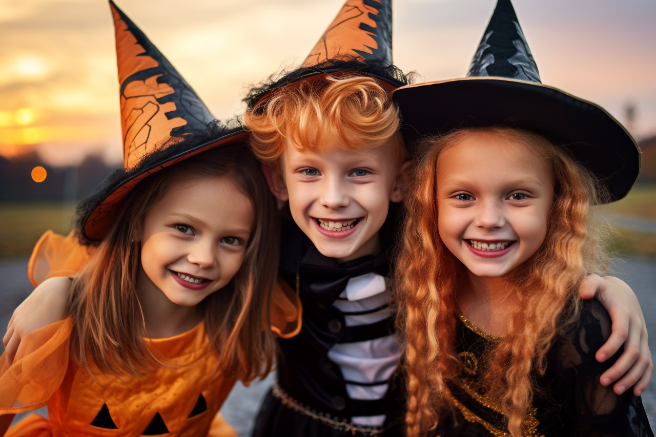 A photo of a happy brother and two sisters on halloween, halloween celebration pictures