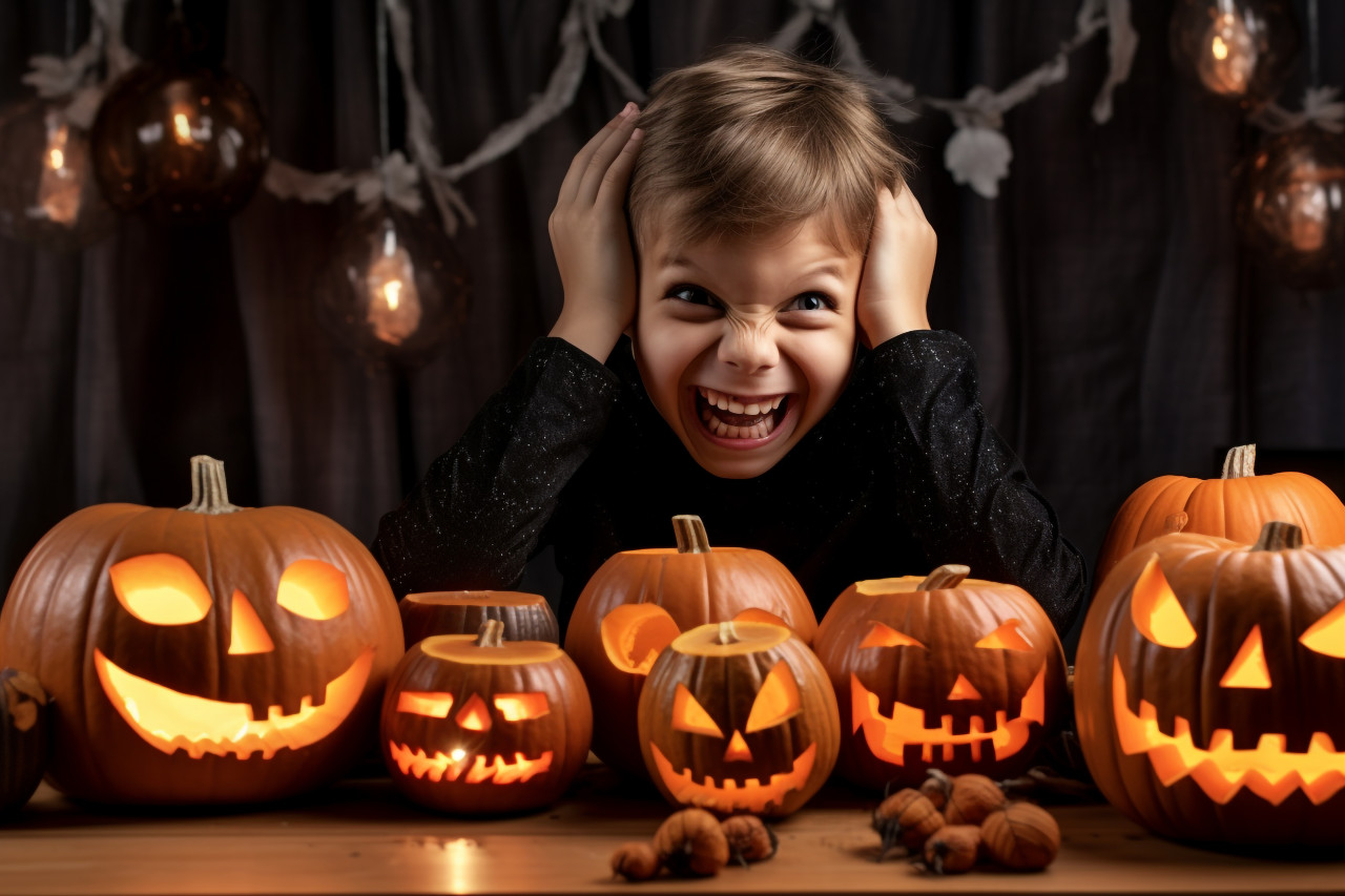 A picture of a cute boy making halloween decorations at a wooden table, halloween celebration pictures