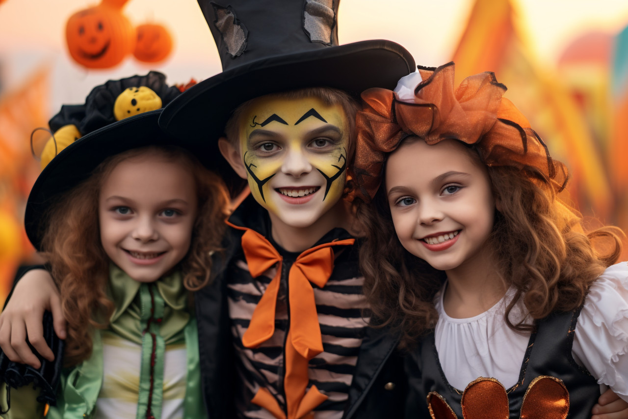 A photo of a happy brother and two sisters on halloween, halloween celebration pictures