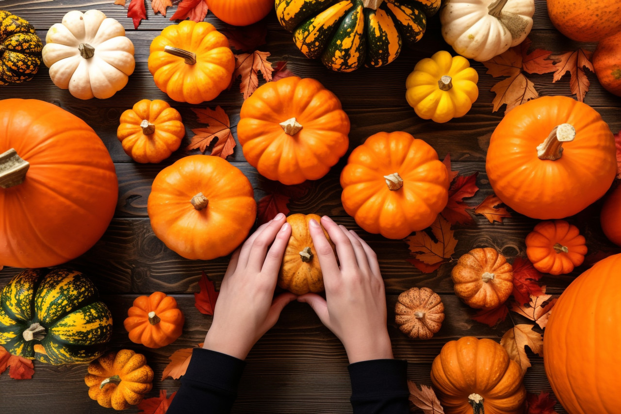 A close-up photo of a familys hands and pumpkins on a table, preparing for a holiday, halloween celebration pictures