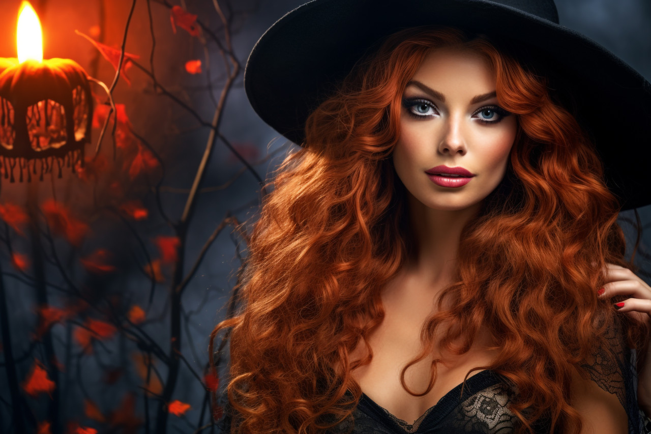 A photo of a beautiful young woman in a sexy witch costume for halloween, halloween celebration pictures