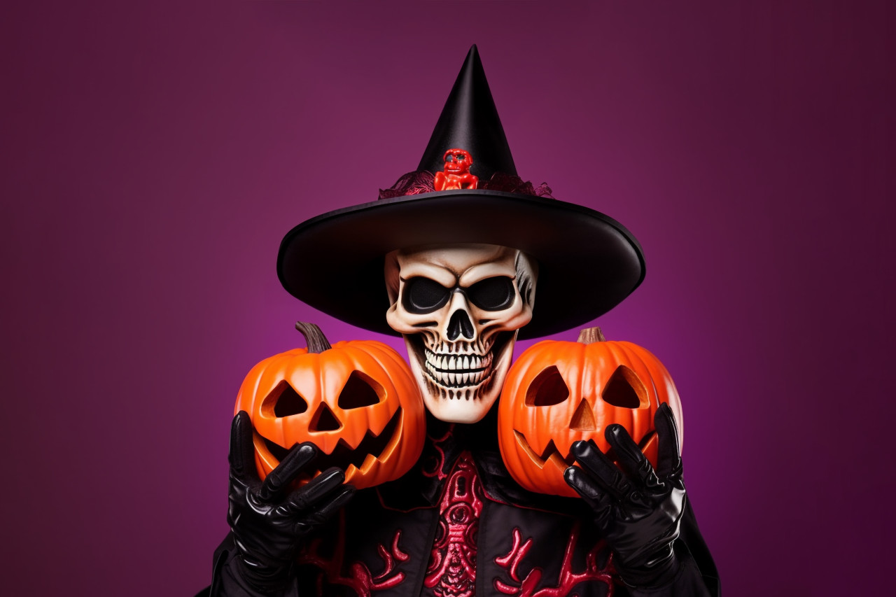 A photo of a man in a skeleton costume holding a jack o lantern, taken in a studio. he is also wearing a black hat, halloween celebration pictures