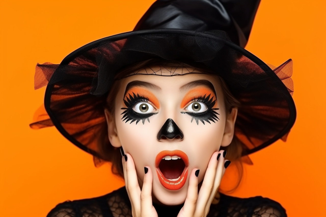 Picture of a surprised young girl in a black witch costume touching her cheeks and looking at empty space, halloween celebration pictures