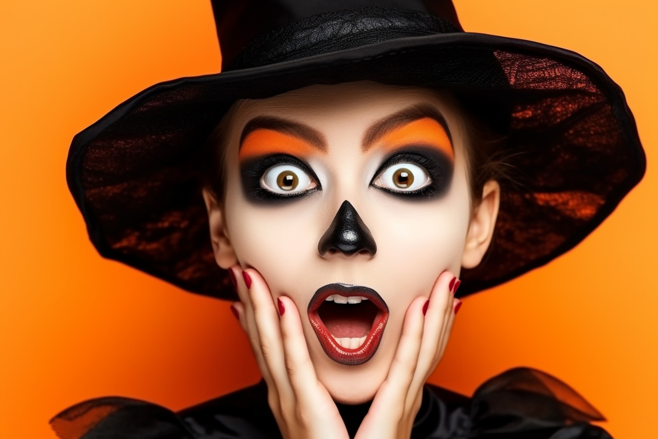 Picture of a surprised young girl in a black witch costume touching her cheeks and looking at empty space, halloween celebration pictures