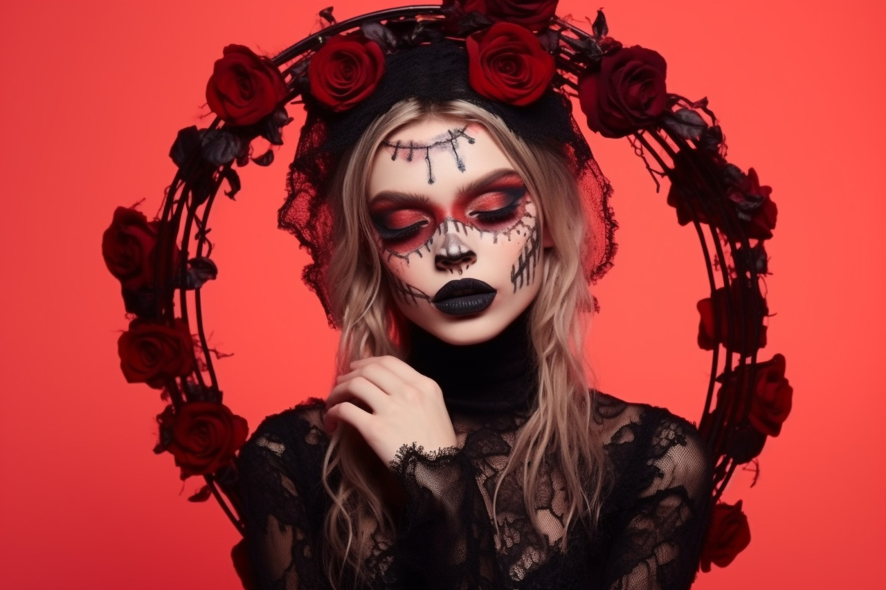 A picture of a woman in a studio with halloween makeup on, halloween celebration pictures