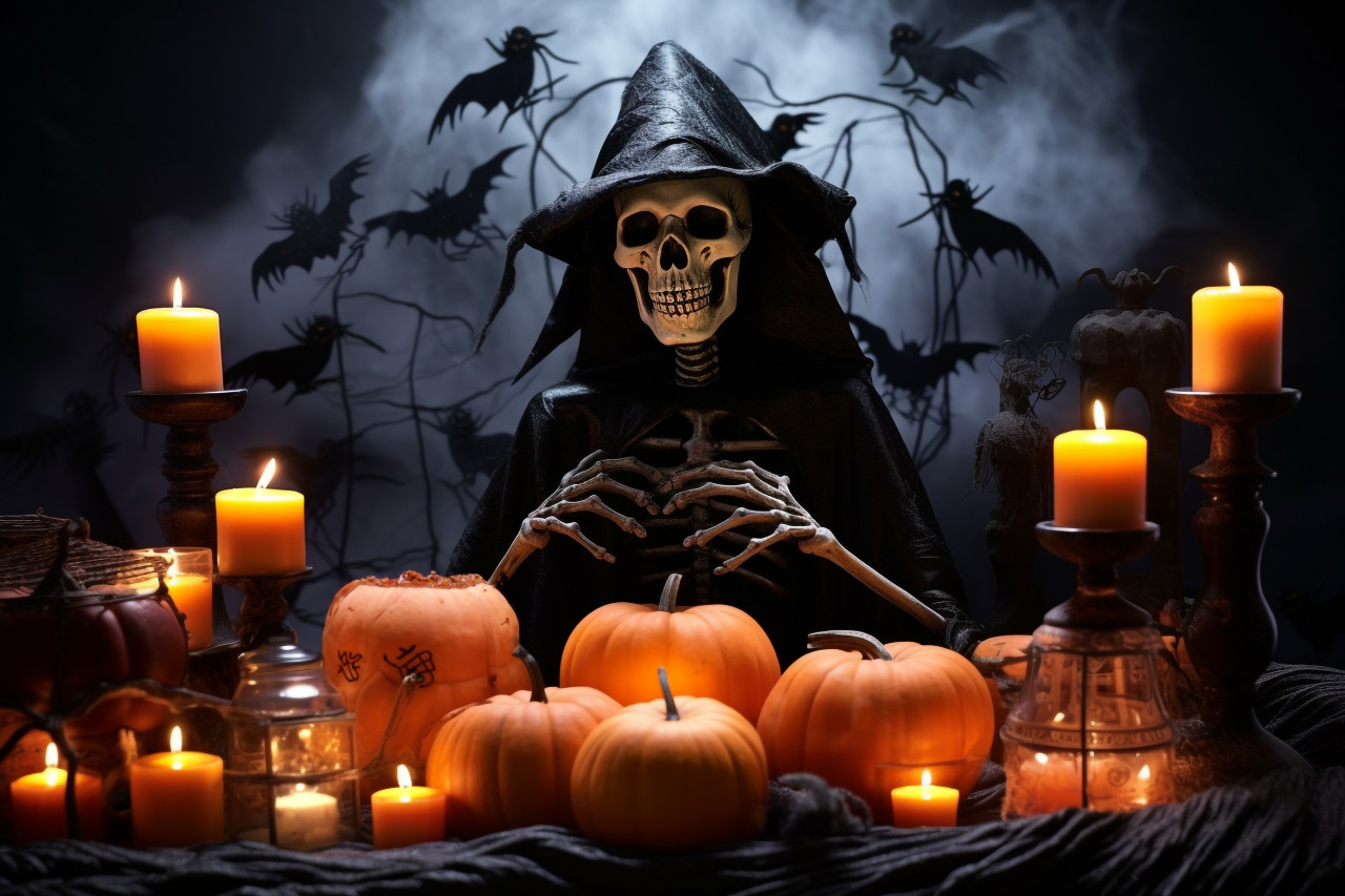 A halloween photo of a dark room with a table covered in spider webs and scary decorations, halloween celebration pictures