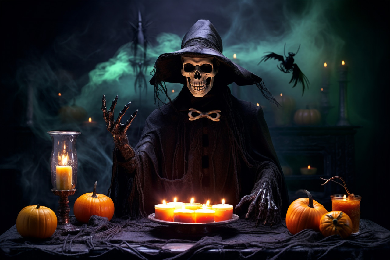 A halloween photo of a dark room with a table covered in spider webs and scary decorations, halloween celebration pictures