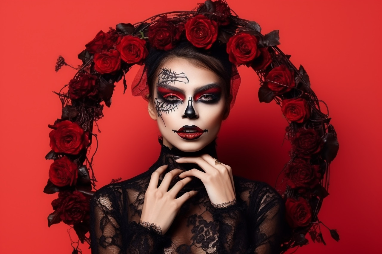 A picture of a woman in a studio with halloween makeup on, halloween celebration pictures
