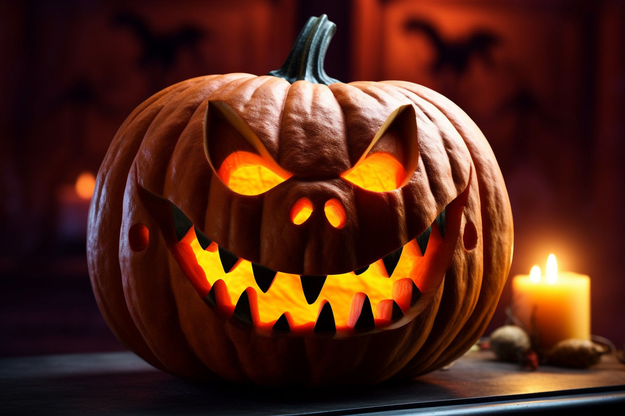 Picture of a carved pumpkin with a smiley face for a family holiday at home, halloween celebration pictures