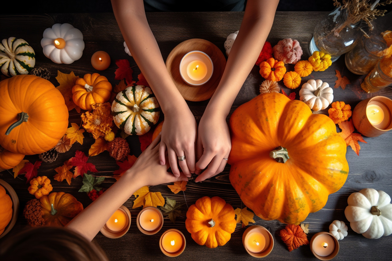 A close-up photo of a familys hands and pumpkins on a table, preparing for a holiday, halloween celebration pictures