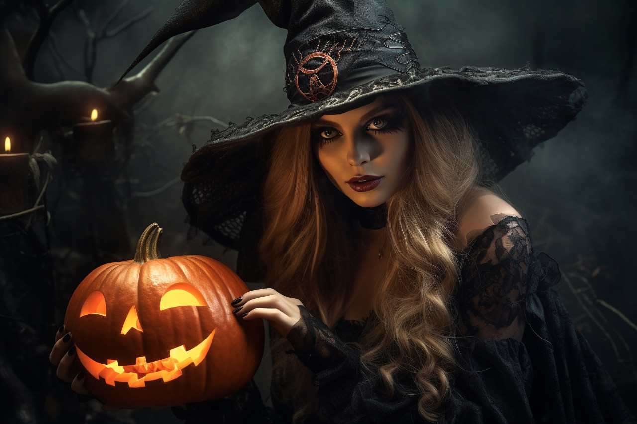 A picture of a young woman dressed as a witch on halloween, holding a carved pumpkin, halloween celebration pictures