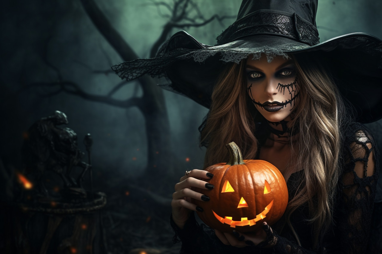 A picture of a young woman dressed as a witch on halloween, holding a carved pumpkin, halloween celebration pictures
