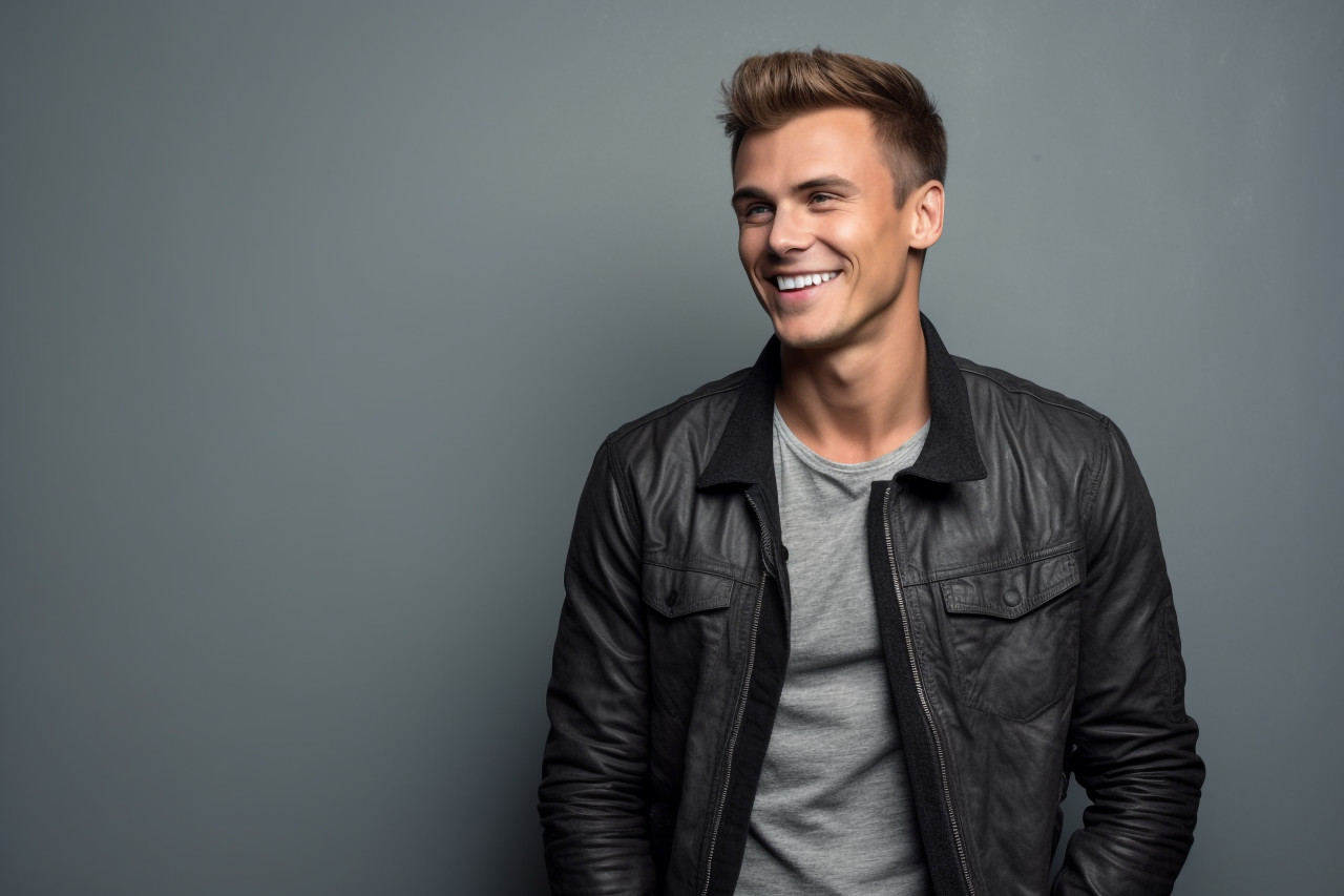 A full body photo of a handsome young man smiling and standing with his hands in his pockets against a gray background