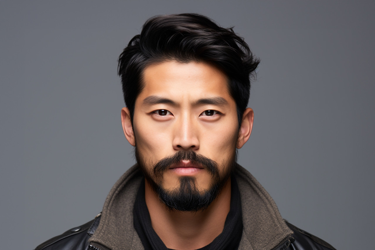 Picture of a serious confident young asian man with a black beard he is standing in front of a blank background and looking at the camera