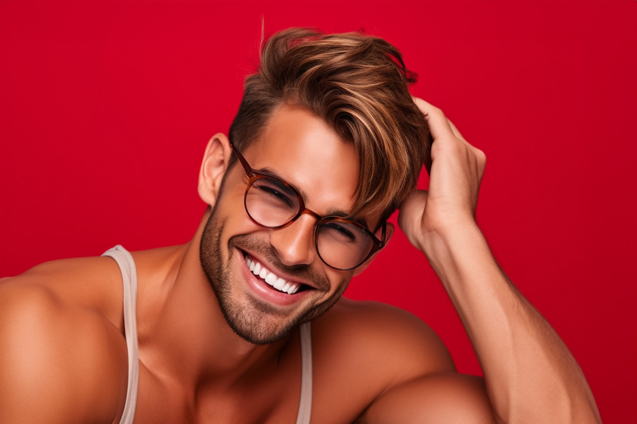 A photo of a smiling young man with sunglasses standing against a red background he has one hand in his hair and is looking at the camera