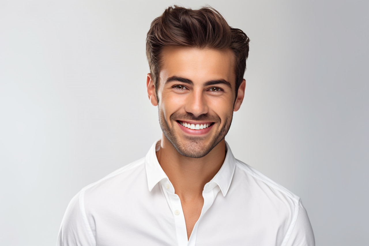 A picture of a good looking young man wearing a white shirt he is standing against a white background and smiling at the camera with his hands on his hips