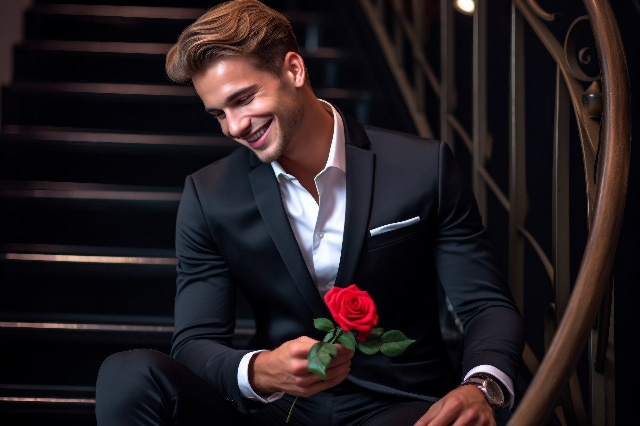 A picture of a good looking young man wearing a nice jacket and talking on his phone while sitting on some stairs there is a bunch of roses next to him