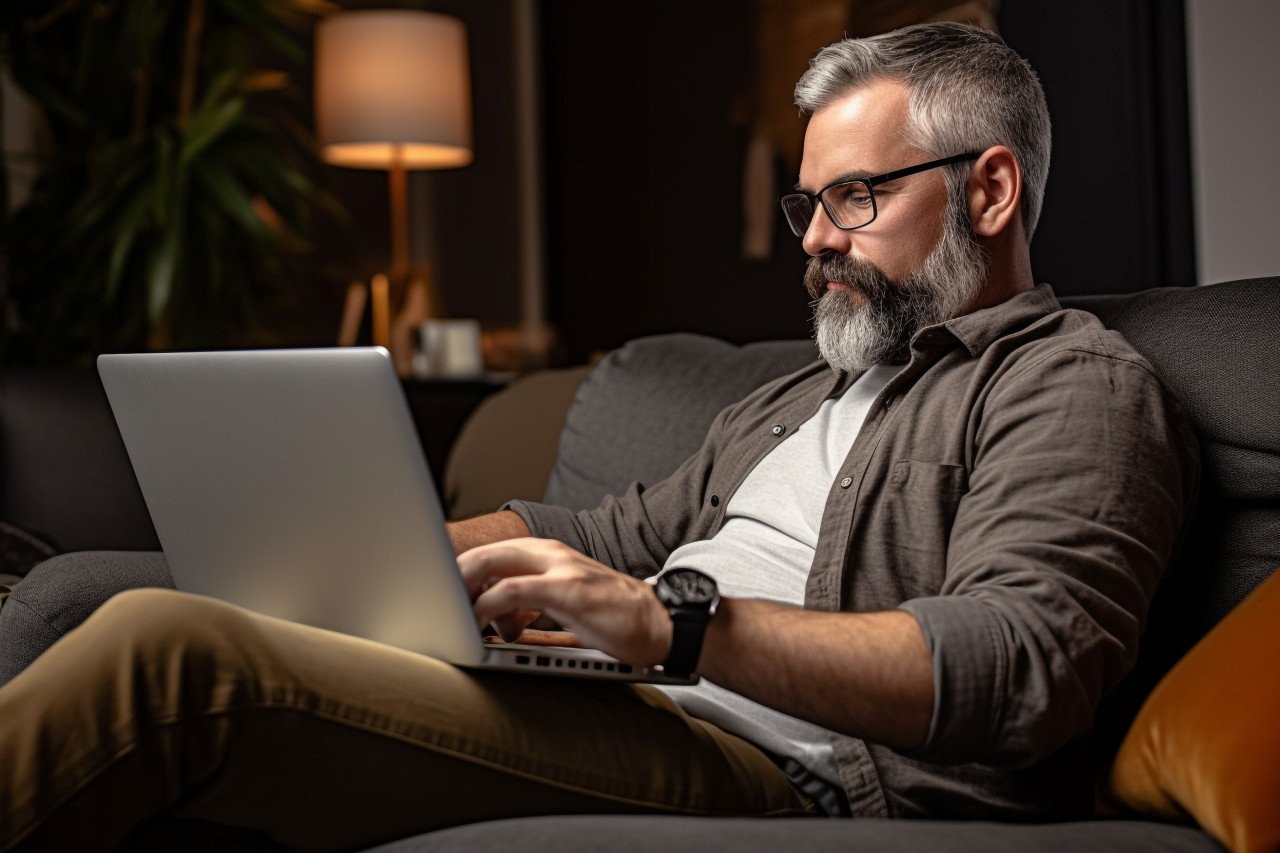 A photo of a man relaxing on a sofa with his laptop watching a movie and enjoying a lazy day off the photo is a lifestyle concept that represents the convenience of online shopping where buyers can choose goods and make orders from the comfort of their own homes
