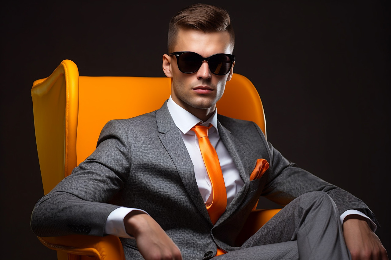 Picture of a good looking young man in a suit sitting in an orange chair against a gray background holding his sunglasses and looking away