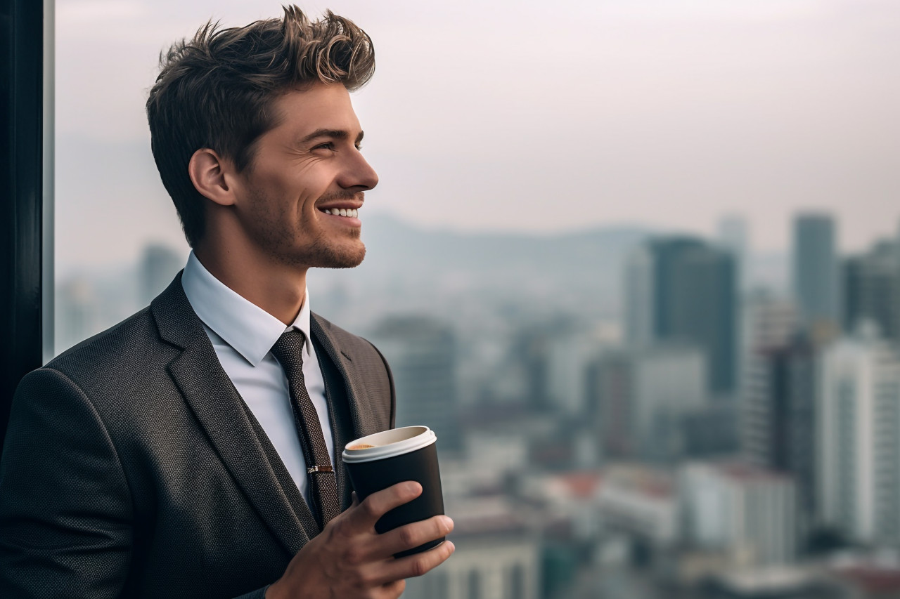 A picture of a young man wearing a suit and holding a coffee cup he is standing outside and looking away from the camera there is a city in the background
