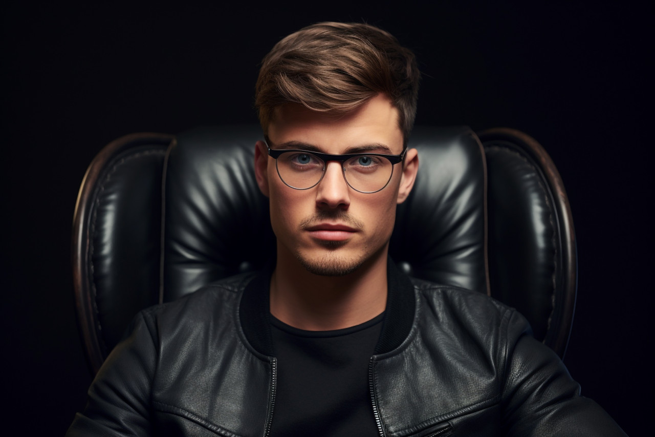 A picture of a good looking young man with glasses standing in front of a gray background leaning on a chair and looking at the camera