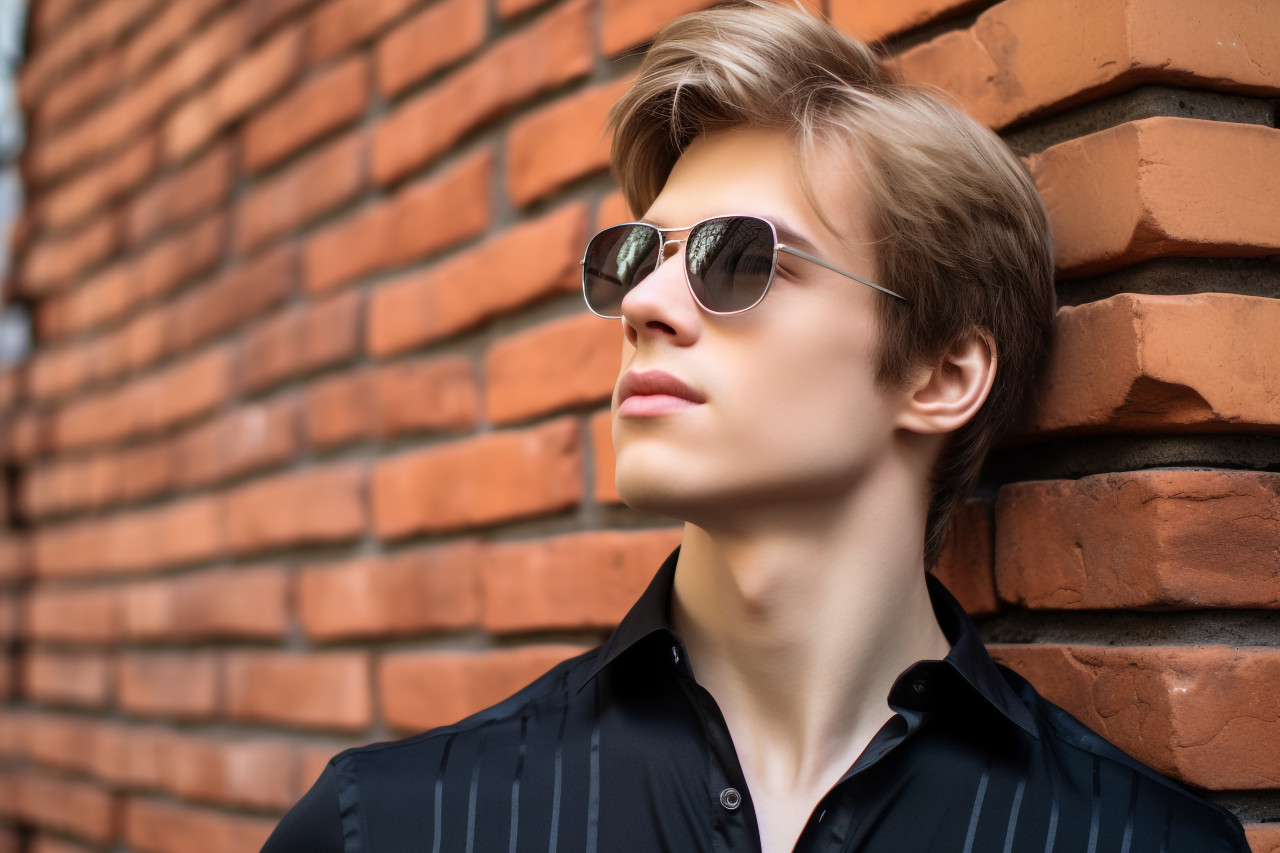 A picture of a handsome young man in casual clothes fixing his glasses and looking away from the camera while standing in front of a brick wall