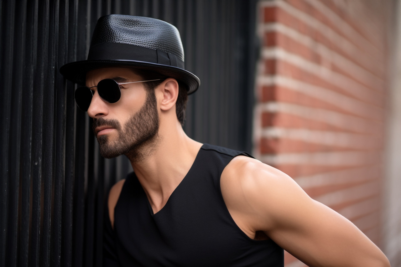 Picture of a cool young man in a black hat leaning against a wall and looking away