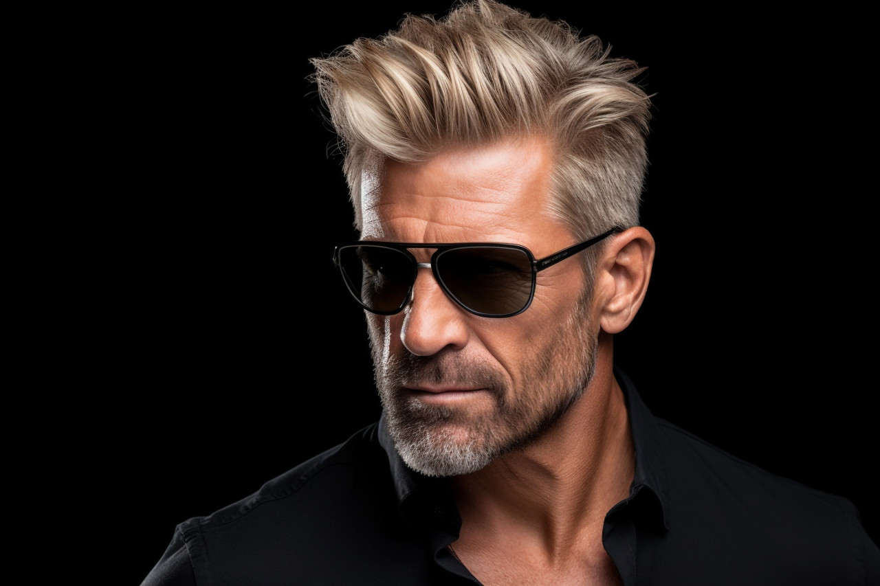 A picture of a handsome man in a black shirt and sunglasses with a gray backgroun
