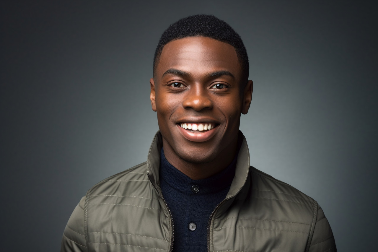 A picture of a young and good looking african man standing against a gray background he is wearing a smart casual jacket and has his hands in his pockets he is smiling