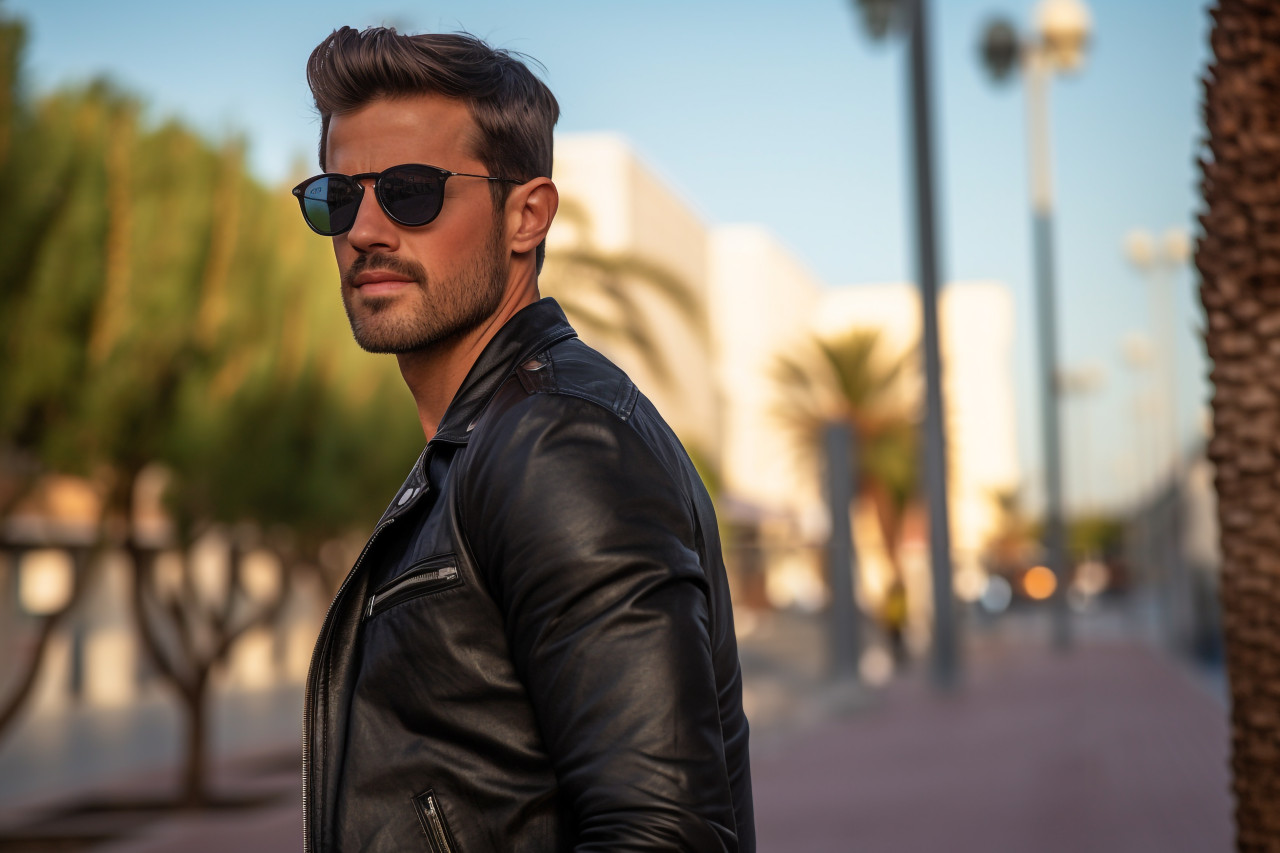 A photo of a young man wearing sunglasses and carrying a leather bag taken from a low angle while he is walking outdoors and looking away from the camera