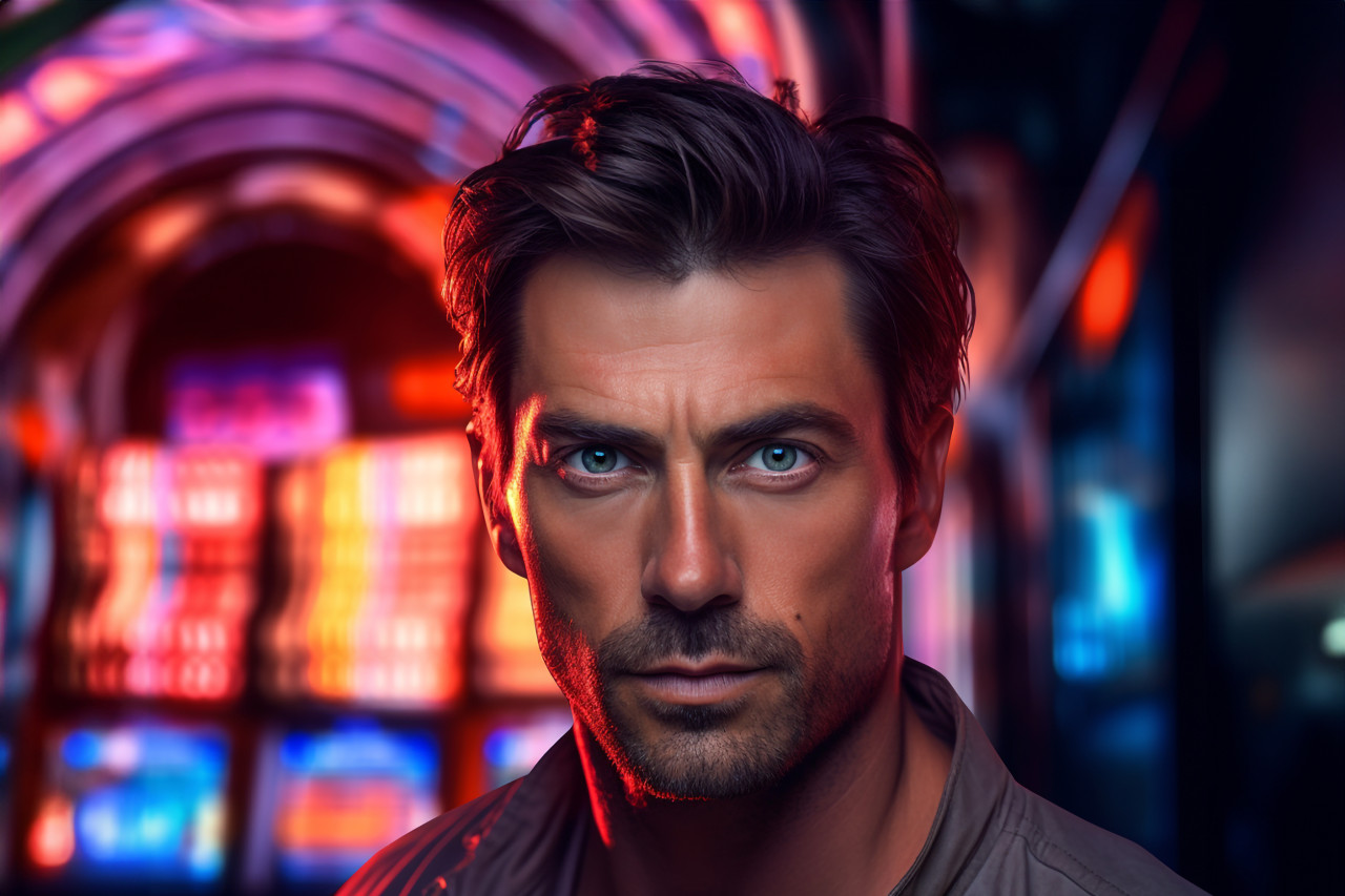 Close up photo of a handsome man at night lit by neon lights