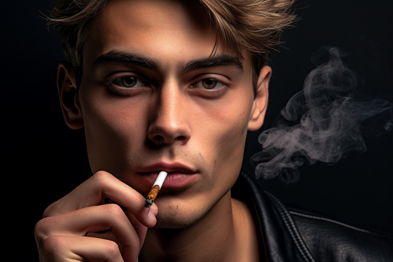 A photo of a young man in a studio holding an electronic cigarette