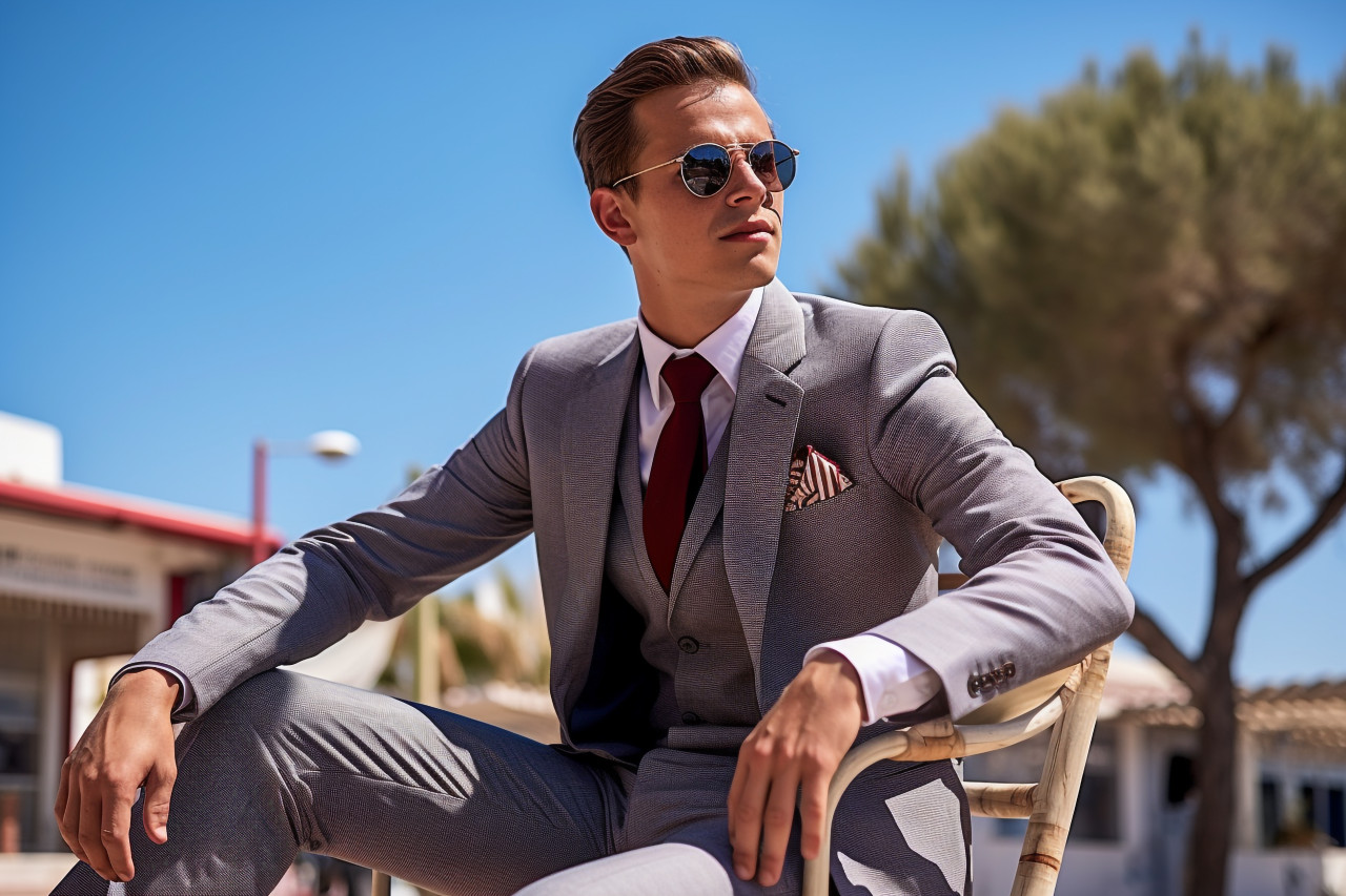 Picture of a cool young man in a stylish suit and glasses sitting outside and enjoying himself