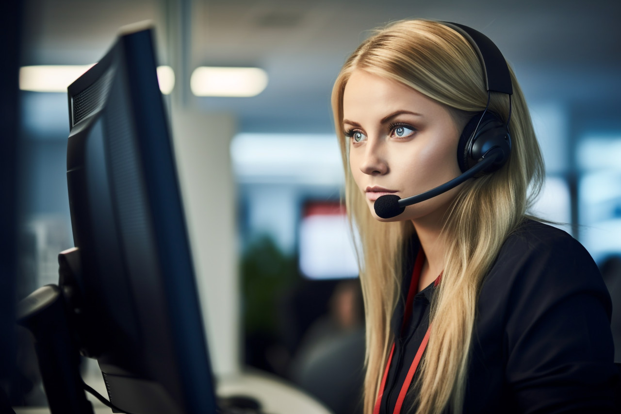 A picture of a young woman wearing a headset and using a computer in a modern office
