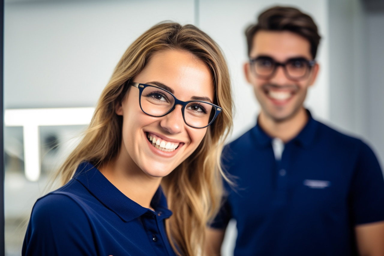 A photo of a smiling young businessman in a blue polo shirt and glasses standing in the office with his female co worker behind him