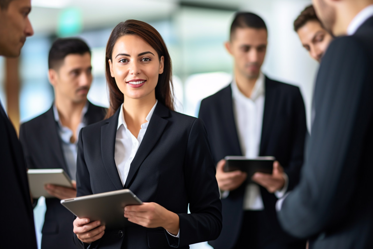 A photo of a business woman with a tablet in her hands in front of her and her co workers talking about business behind her