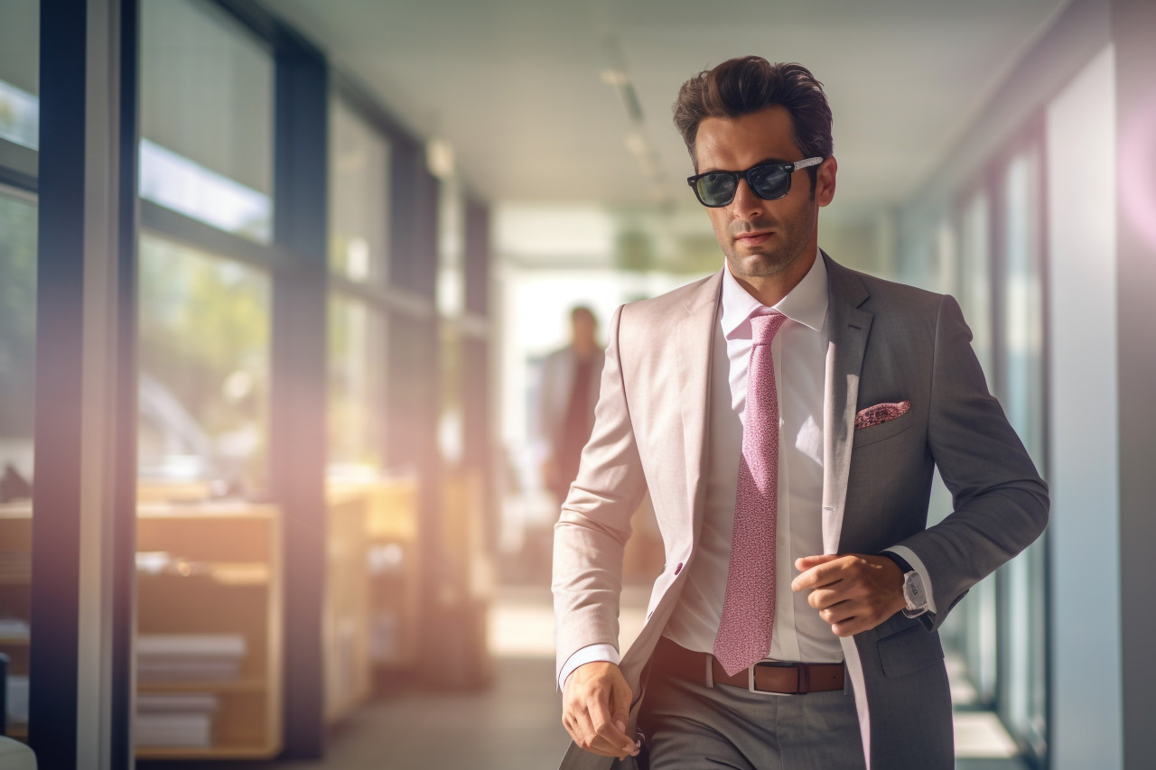 A blurry picture of a businessman walking in an office with sunlight streaming in