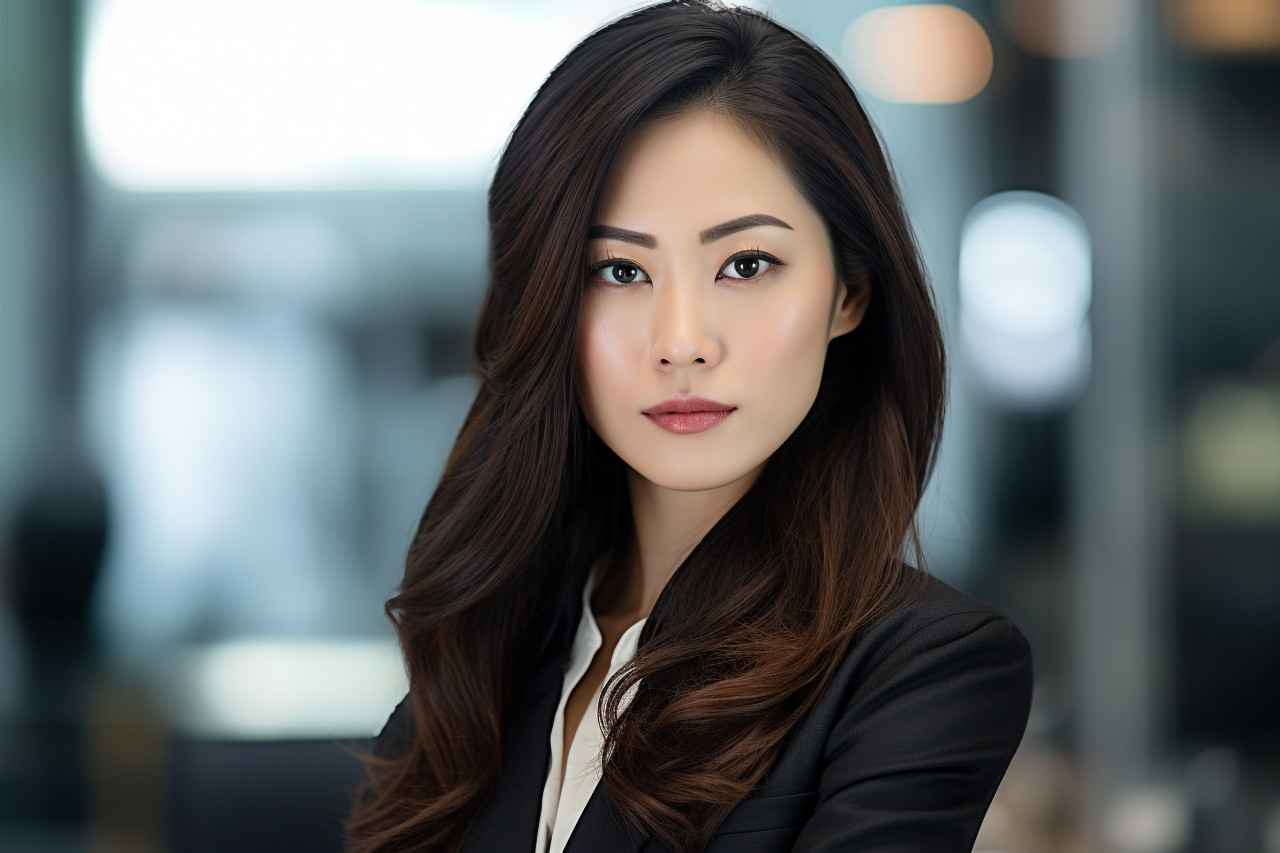 Picture of an asian businesswoman in an office looking at the camera
