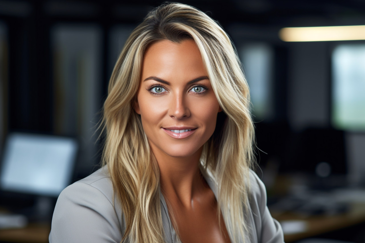 A picture of a happy looking woman who works in human resources or as a corporate employee in a modern office