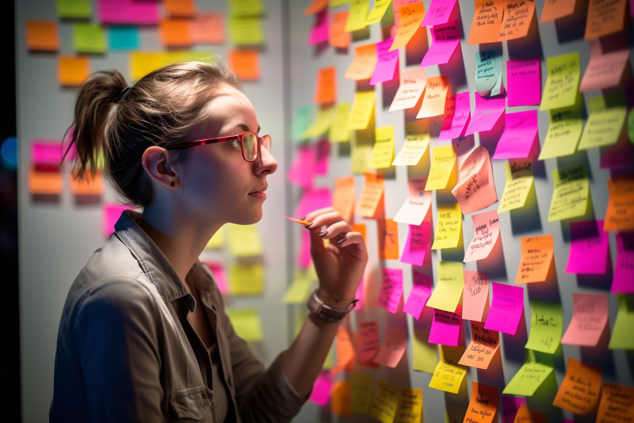 Picture of a young woman using sticky notes to think about ideas at her job
