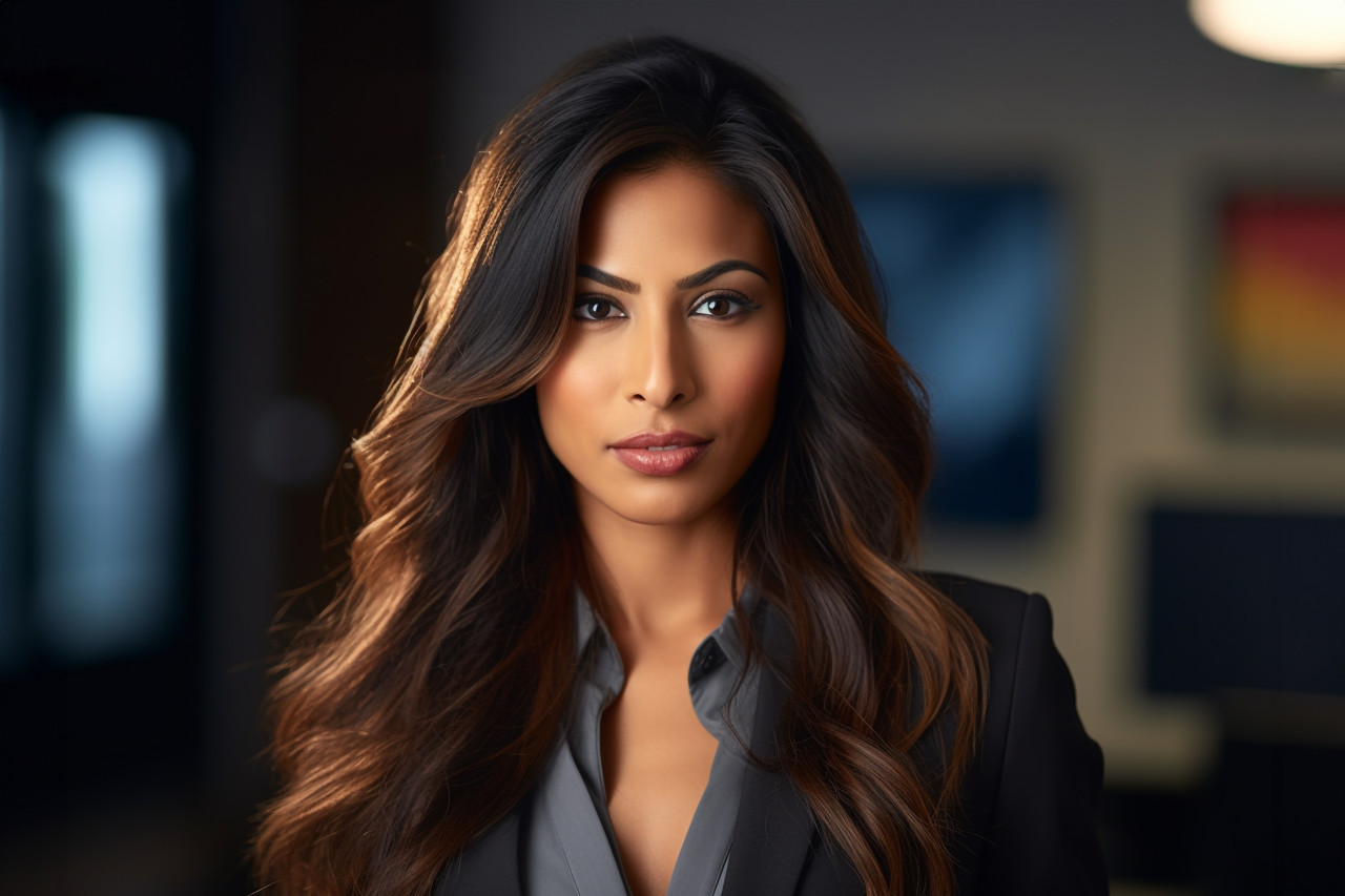 A photo of a confident indian woman business manager in an office and startup setting in toronto