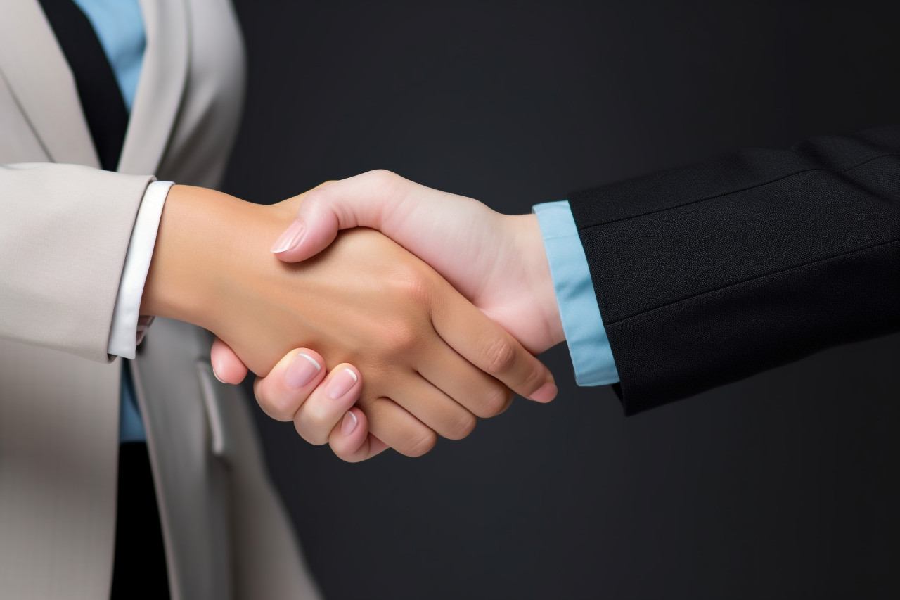 A photo of two business women shaking hands both looking happy confident and excited one woman may be a human resources manager and the other woman may be a colleague partner or employee