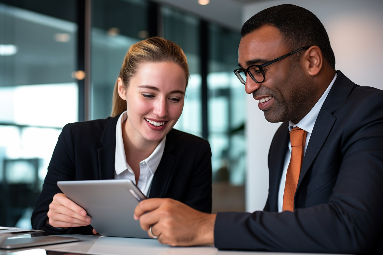 Picture of two confident business people sharing a digital tablet while working at a desk in a modern office
