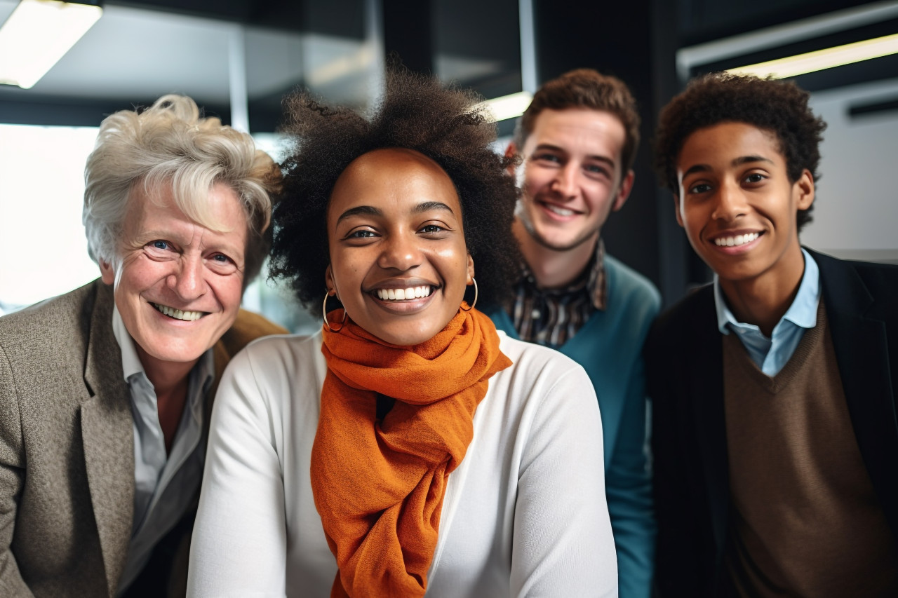 A photo of a group of business people from different races working in a modern office the photo is focused on the face of an older woman