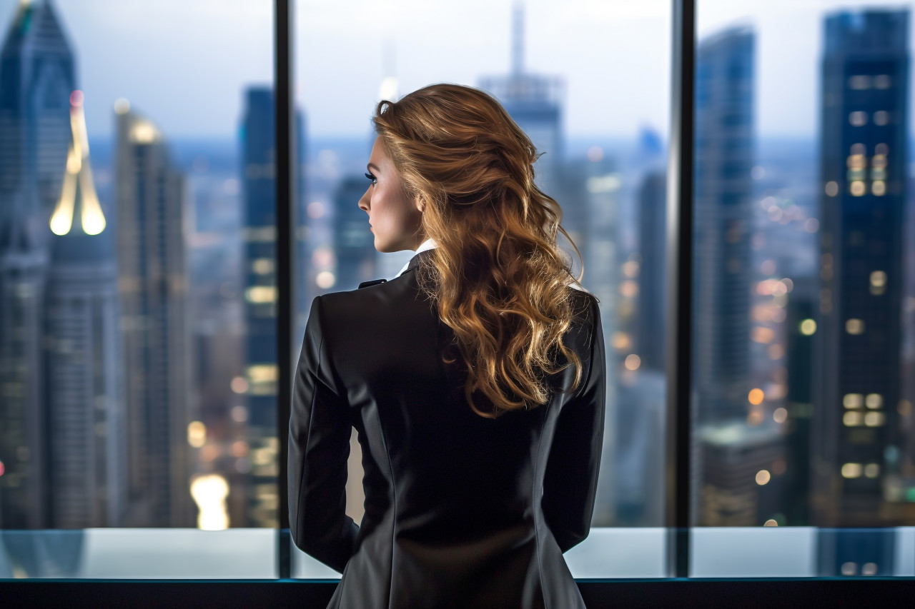 A photo of a young businesswoman standing in an office window her figure silhouetted against the city skyline